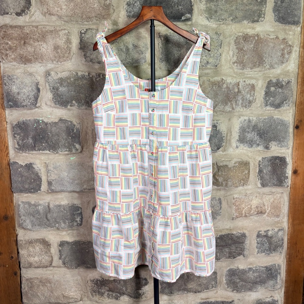 Target Rainbow Striped Grid Linen Blend Tiered Button Front Tie Dress Large